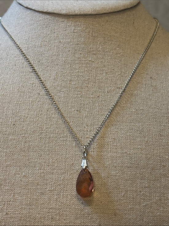 Jewelry - Silver tone Chain Necklace with Amber color crystal Teardrop Pendant